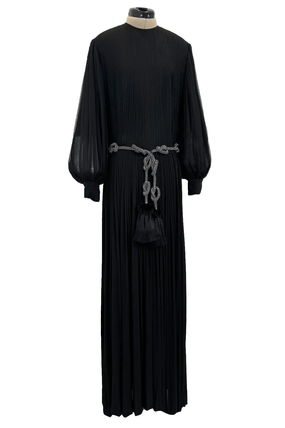 Gorgeous 1960s James Galanos Meticulously Pleated Black Silk Chiffon Dress w Elaborate Belt