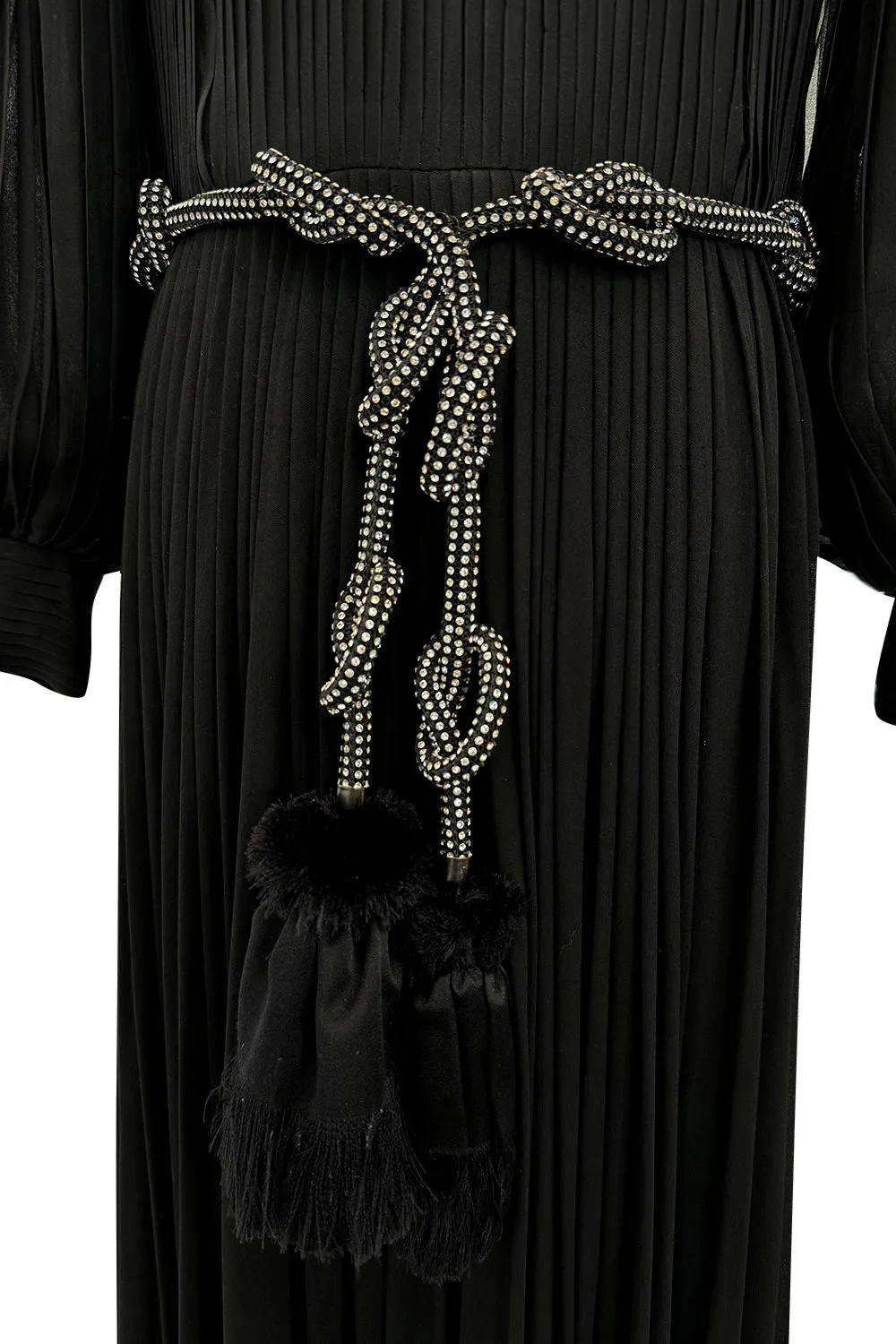 Gorgeous 1960s James Galanos Meticulously Pleated Black Silk Chiffon Dress w Elaborate Belt