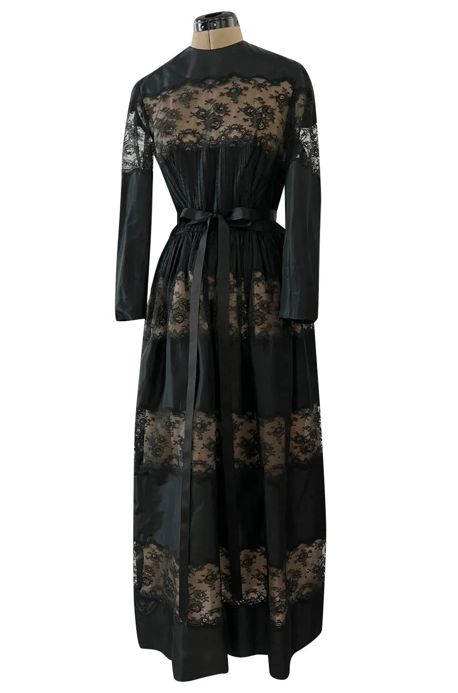Gorgeous 1970s Larry Aldrich Black Silk Tafetta Dress w Illusion Nude Lace Panels