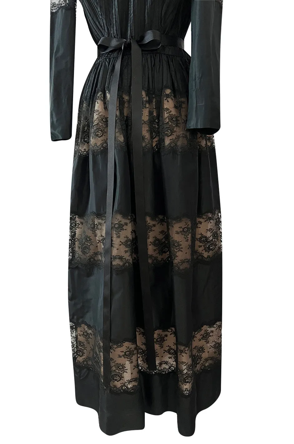 Gorgeous 1970s Larry Aldrich Black Silk Tafetta Dress w Illusion Nude Lace Panels