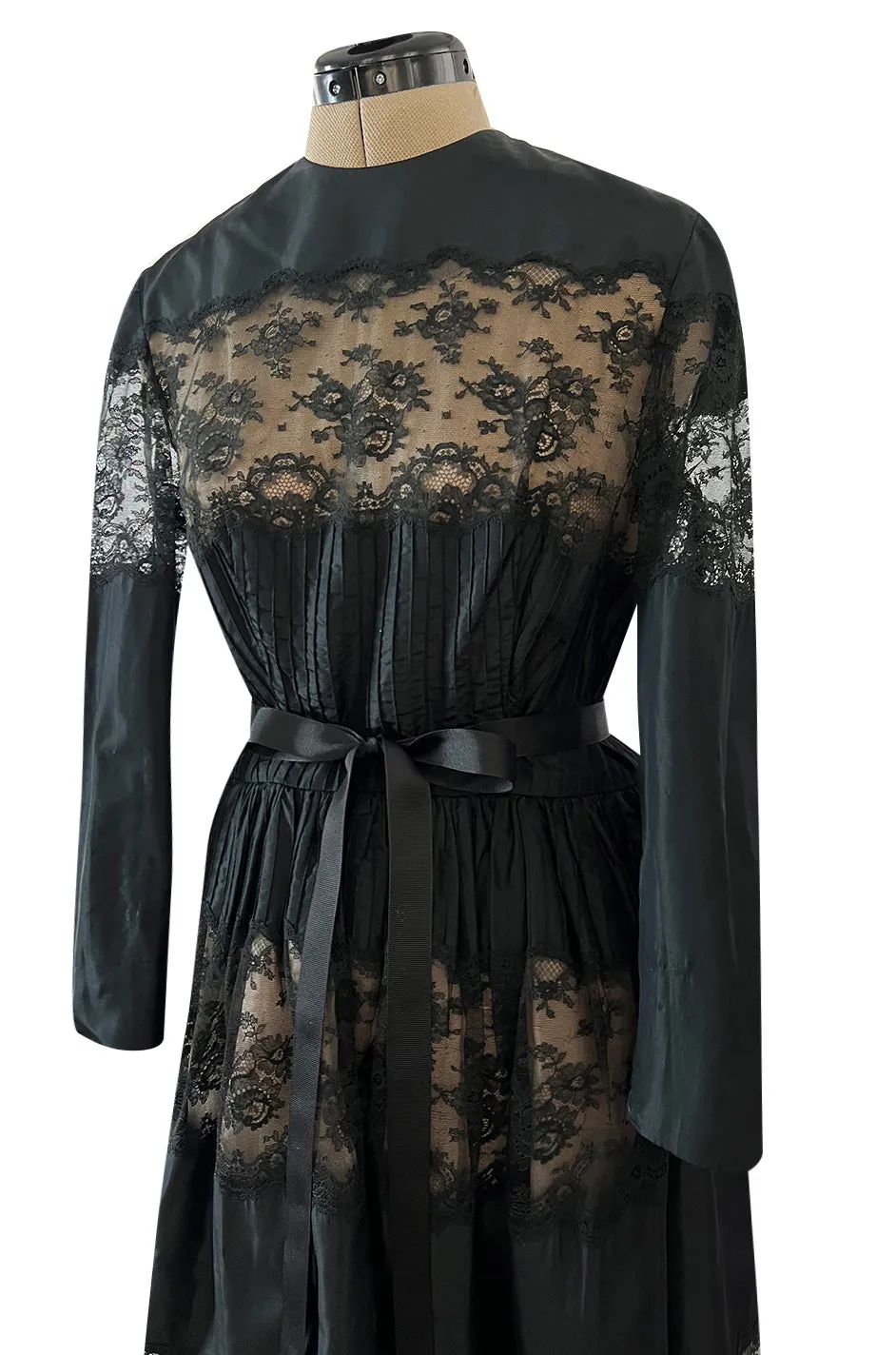 Gorgeous 1970s Larry Aldrich Black Silk Tafetta Dress w Illusion Nude Lace Panels