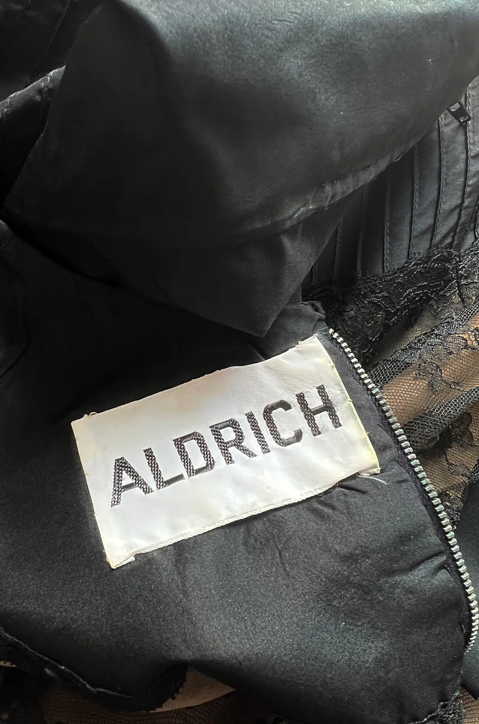 Gorgeous 1970s Larry Aldrich Black Silk Tafetta Dress w Illusion Nude Lace Panels