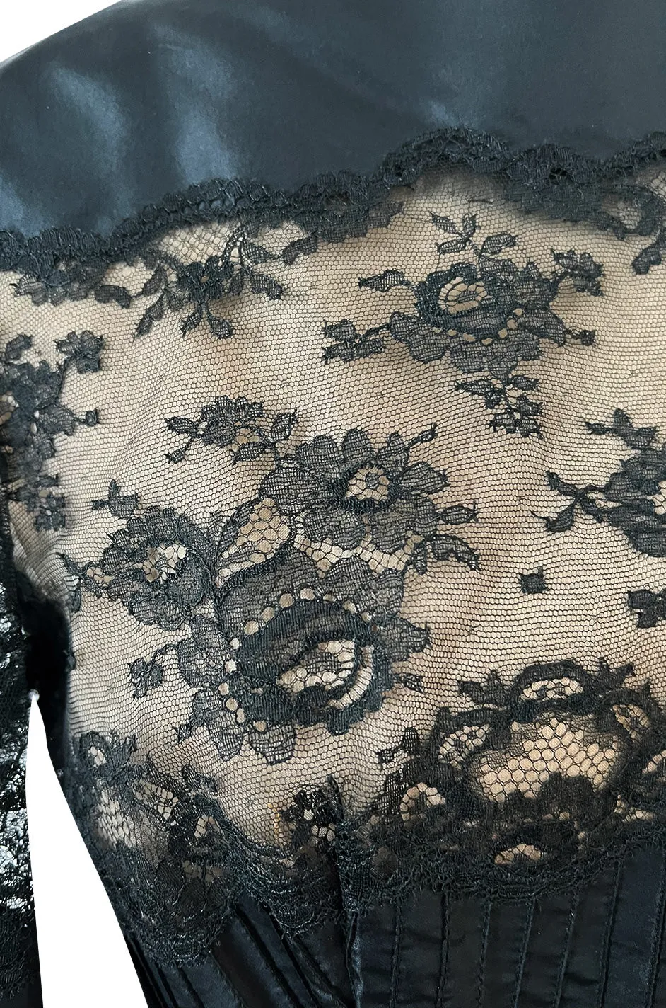 Gorgeous 1970s Larry Aldrich Black Silk Tafetta Dress w Illusion Nude Lace Panels