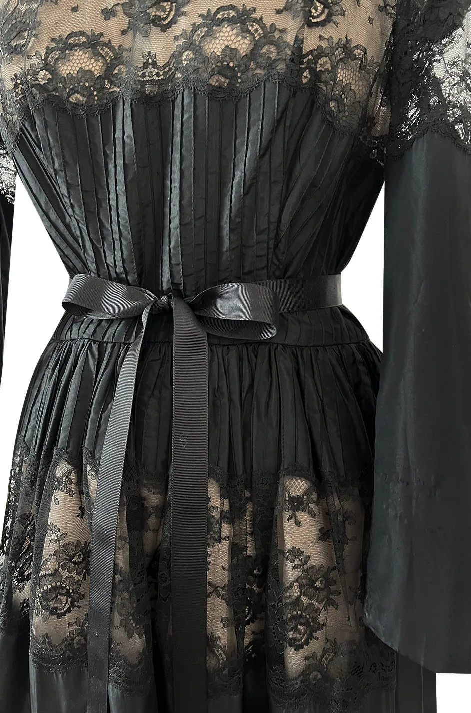 Gorgeous 1970s Larry Aldrich Black Silk Tafetta Dress w Illusion Nude Lace Panels