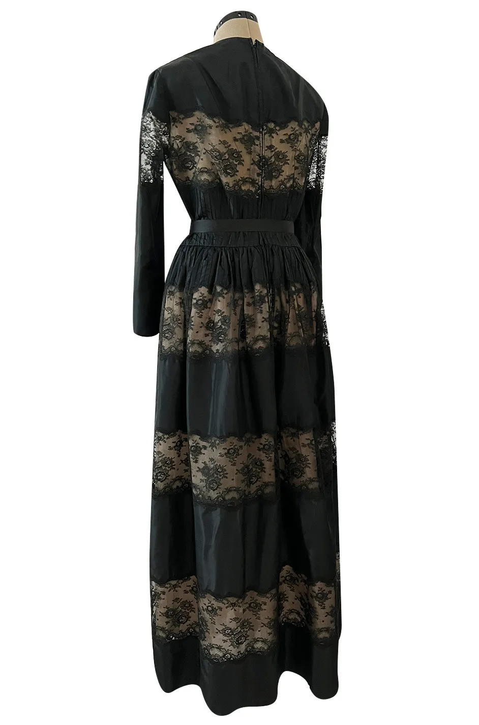 Gorgeous 1970s Larry Aldrich Black Silk Tafetta Dress w Illusion Nude Lace Panels