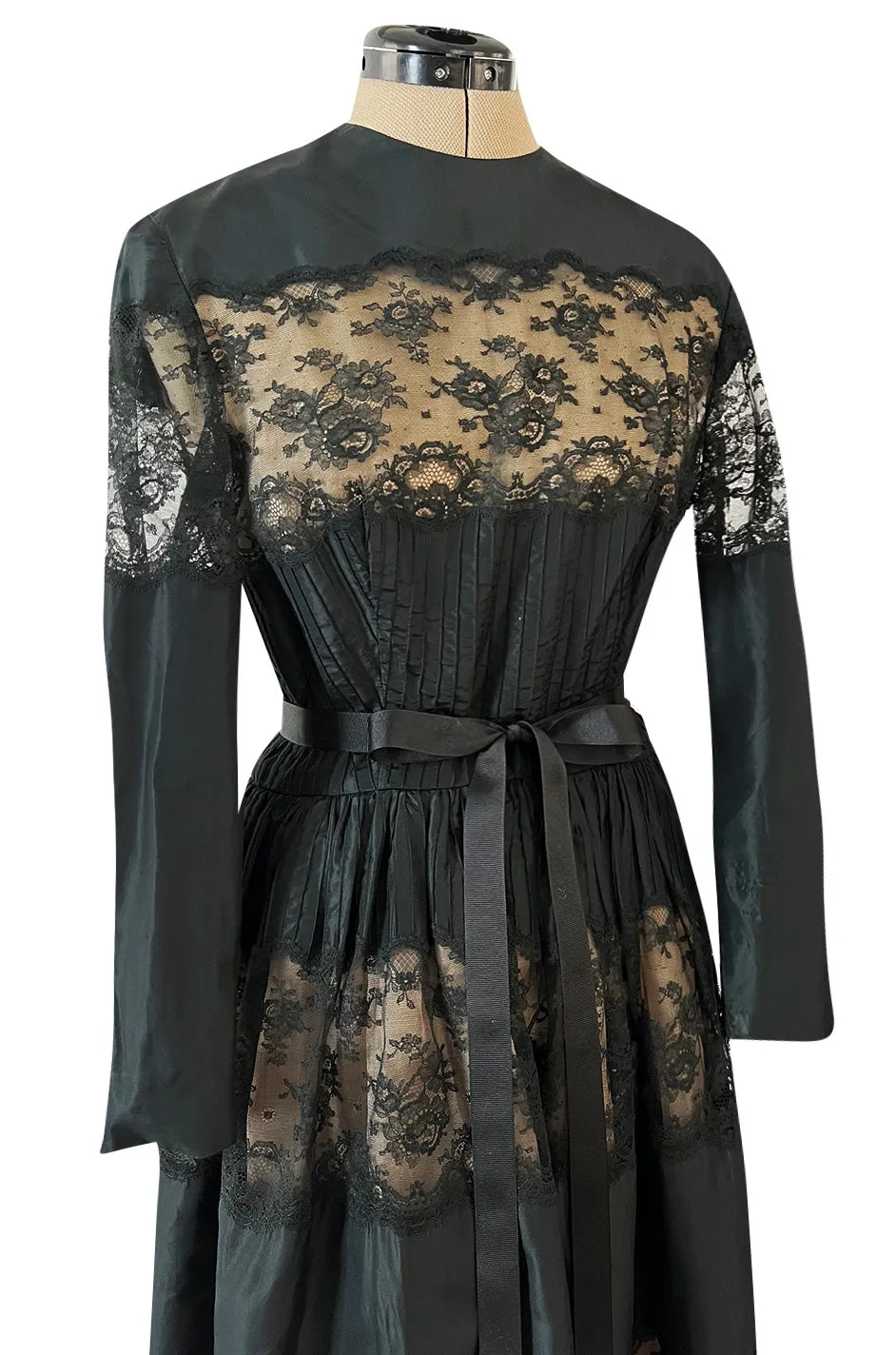 Gorgeous 1970s Larry Aldrich Black Silk Tafetta Dress w Illusion Nude Lace Panels