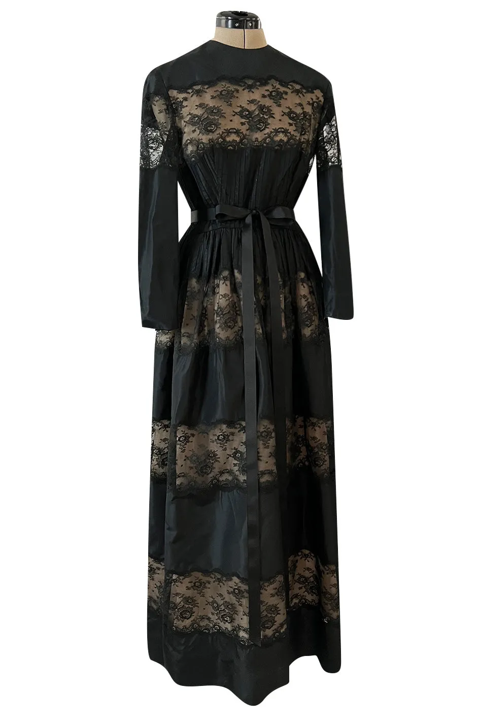 Gorgeous 1970s Larry Aldrich Black Silk Tafetta Dress w Illusion Nude Lace Panels