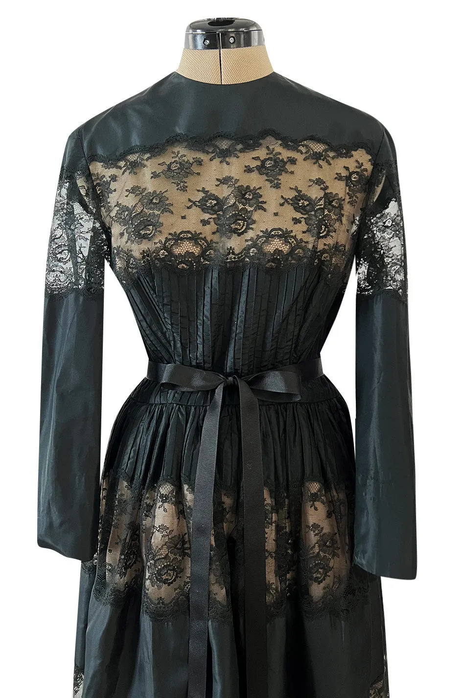 Gorgeous 1970s Larry Aldrich Black Silk Tafetta Dress w Illusion Nude Lace Panels