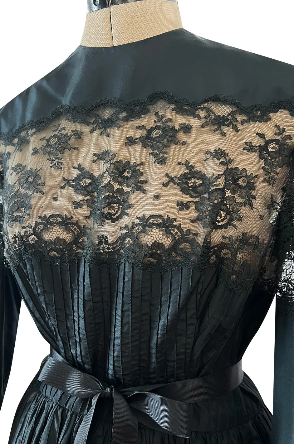 Gorgeous 1970s Larry Aldrich Black Silk Tafetta Dress w Illusion Nude Lace Panels