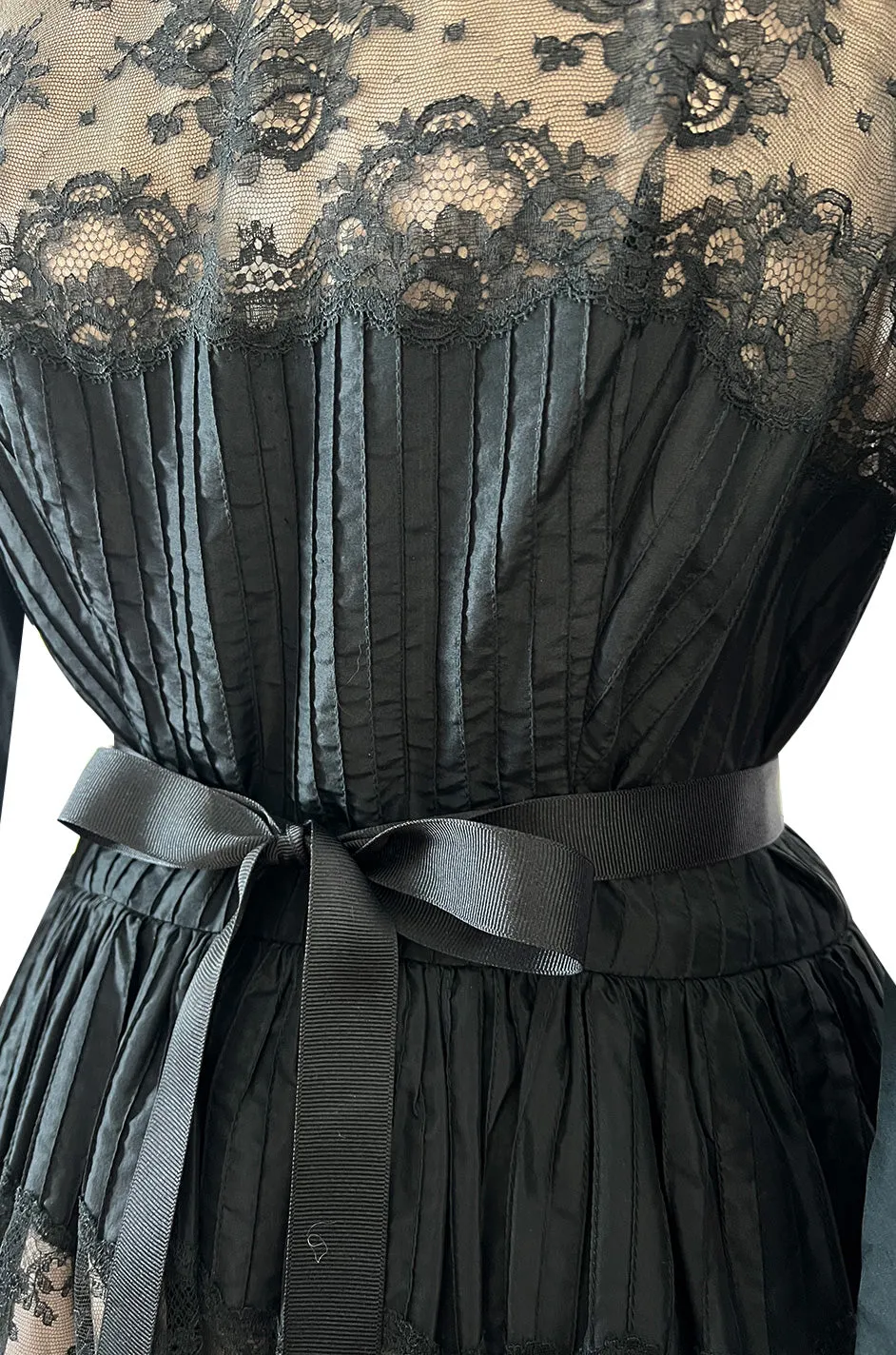 Gorgeous 1970s Larry Aldrich Black Silk Tafetta Dress w Illusion Nude Lace Panels