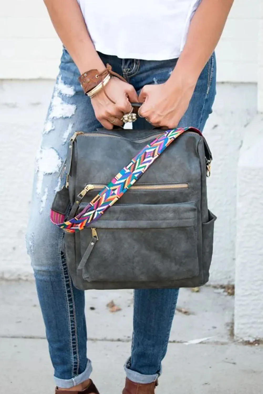 Gray Casual Versatile PU Leather Backpack