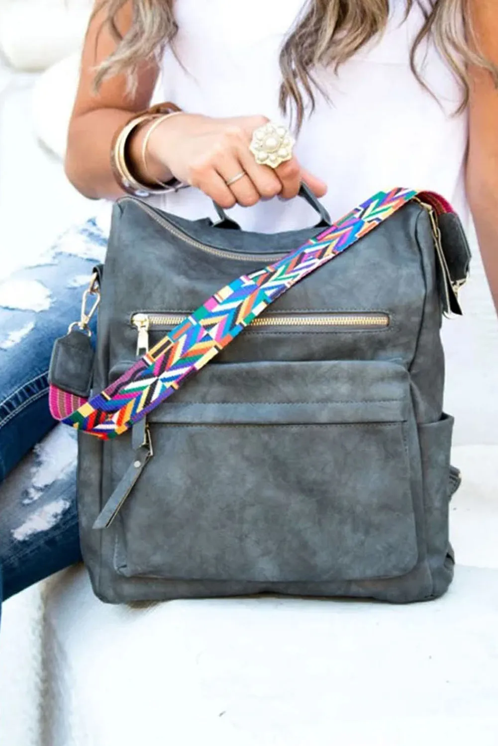 Gray Casual Versatile PU Leather Backpack