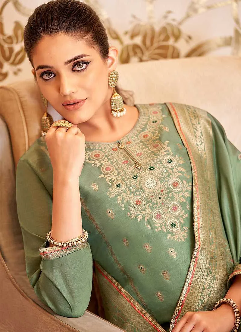 Green and Gold Designer Embroidered Palazzo Suit