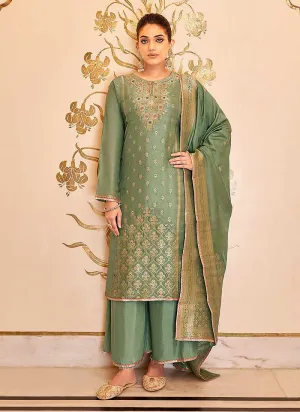 Green and Gold Designer Embroidered Palazzo Suit