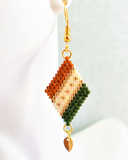 Green, Sienna and Gold Diamond-Shaped Diagonal Geometric Earrings w/Leaf Charm