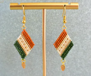 Green, Sienna and Gold Diamond-Shaped Diagonal Geometric Earrings w/Leaf Charm
