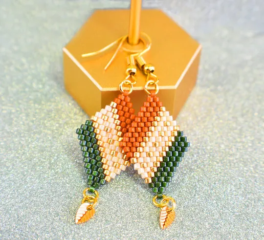 Green, Sienna and Gold Diamond-Shaped Diagonal Geometric Earrings w/Leaf Charm