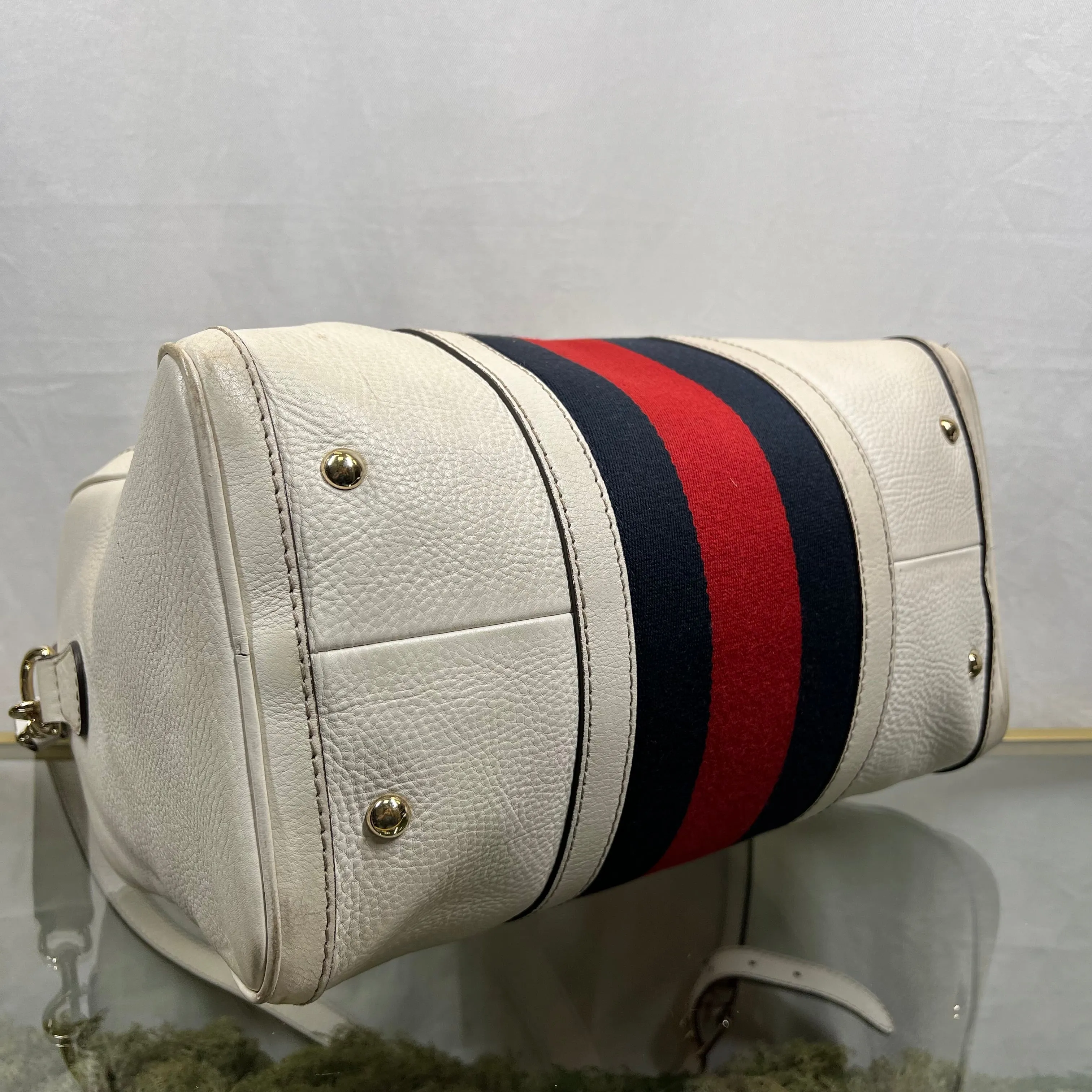 GUCCI Boston Medium White Calfskin Vintage Web Two Way Satchel Bag