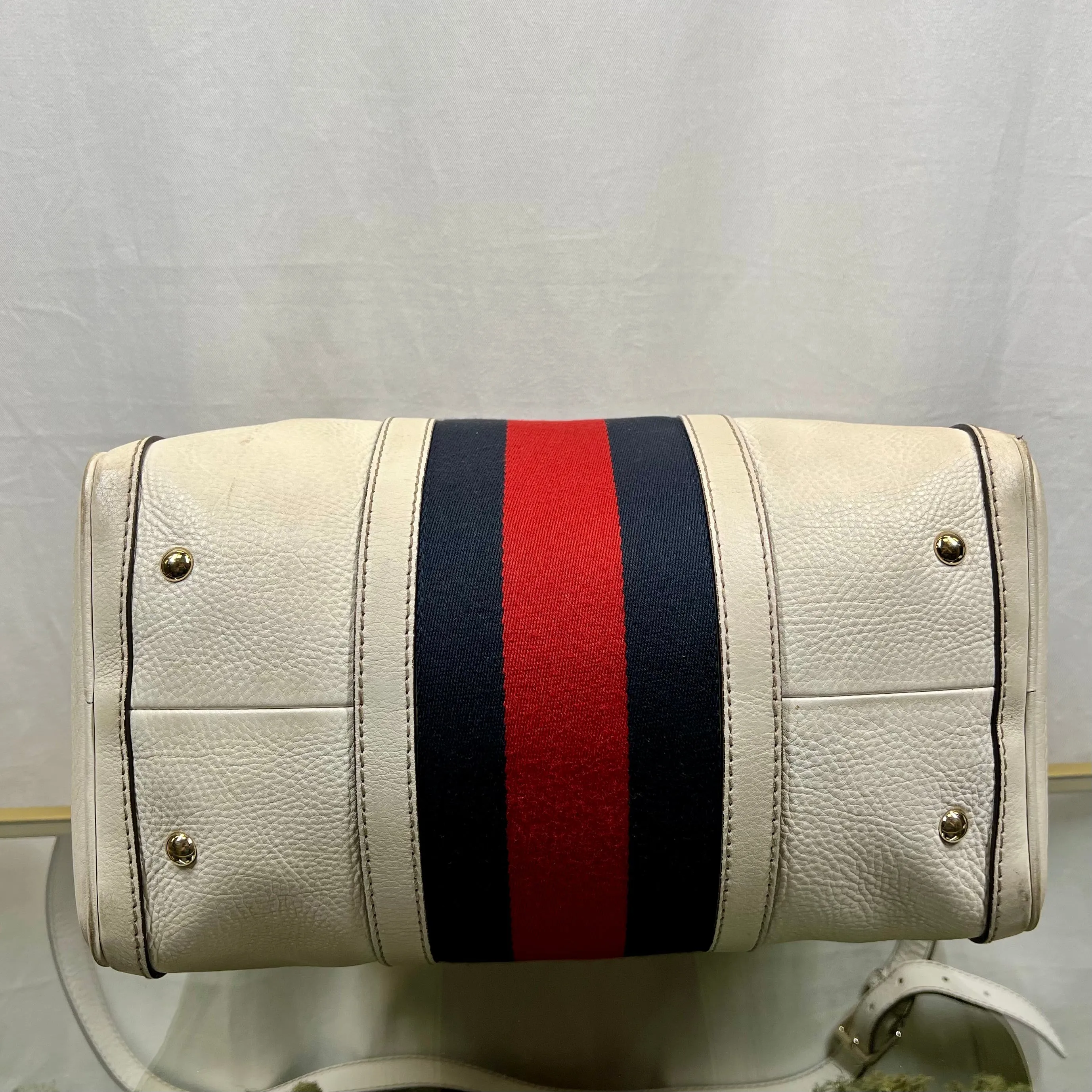 GUCCI Boston Medium White Calfskin Vintage Web Two Way Satchel Bag