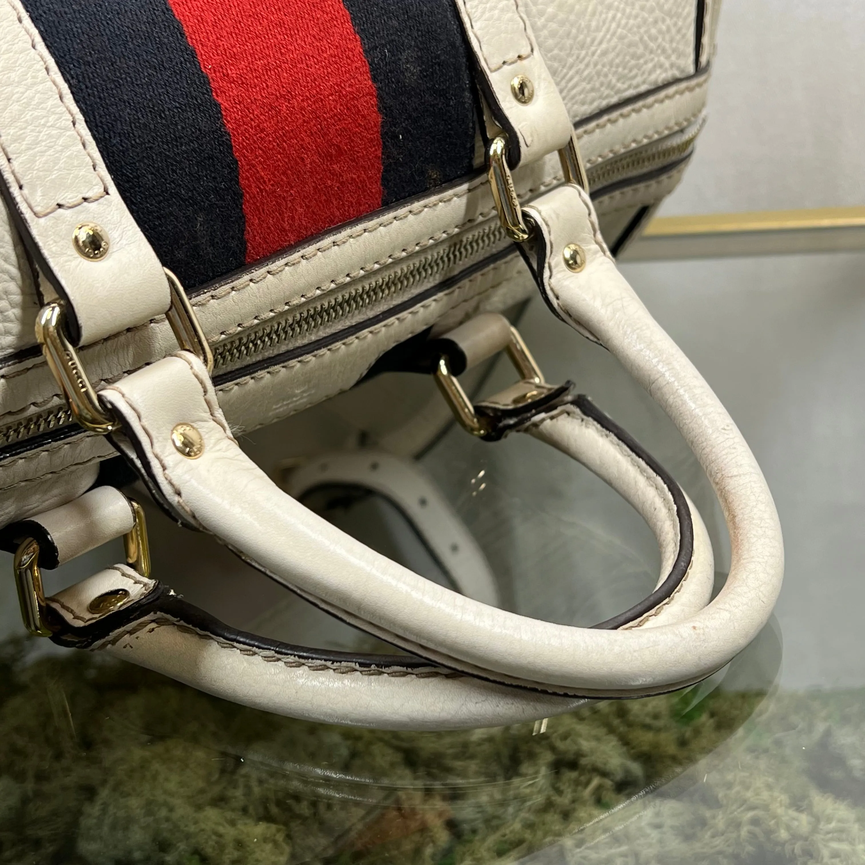GUCCI Boston Medium White Calfskin Vintage Web Two Way Satchel Bag