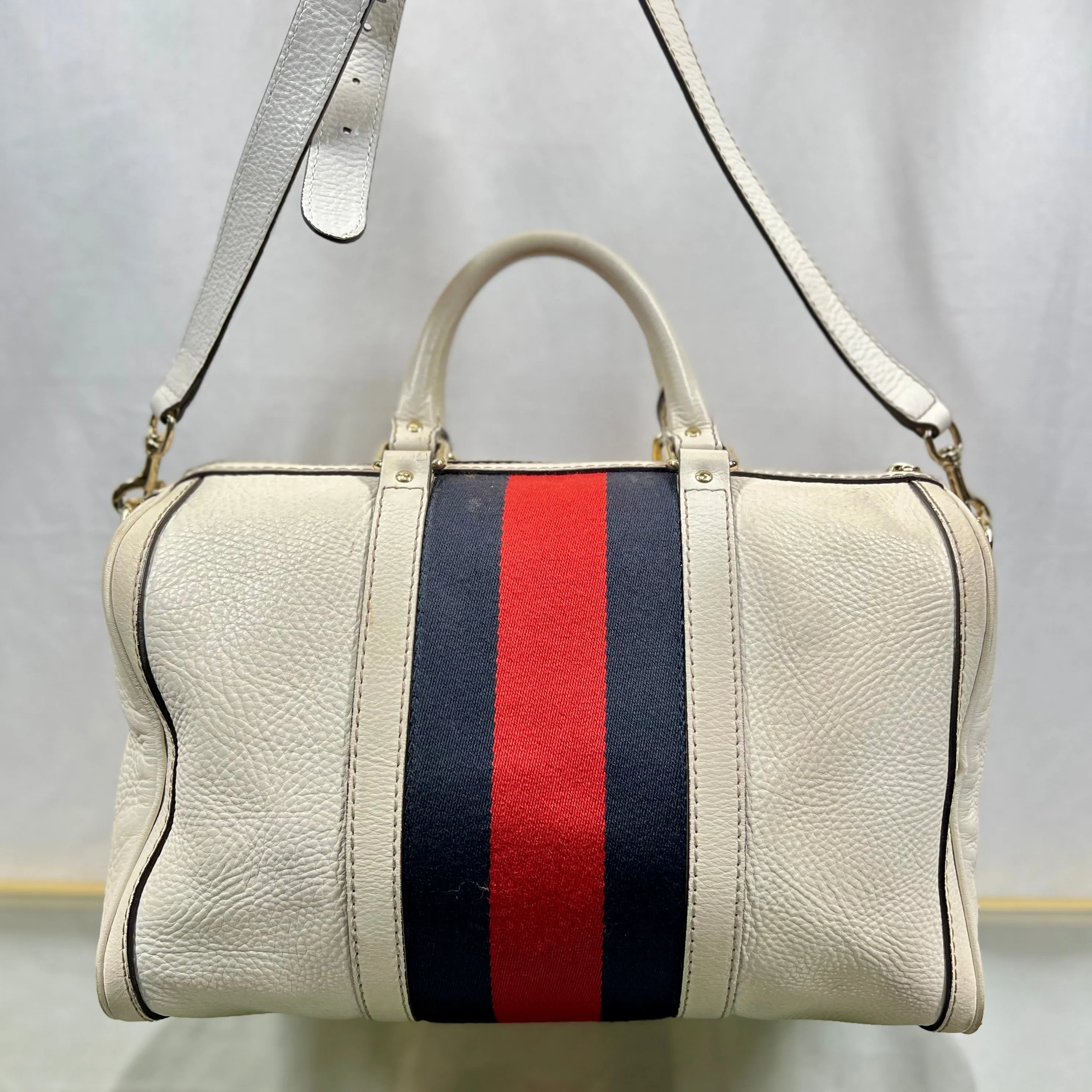 GUCCI Boston Medium White Calfskin Vintage Web Two Way Satchel Bag