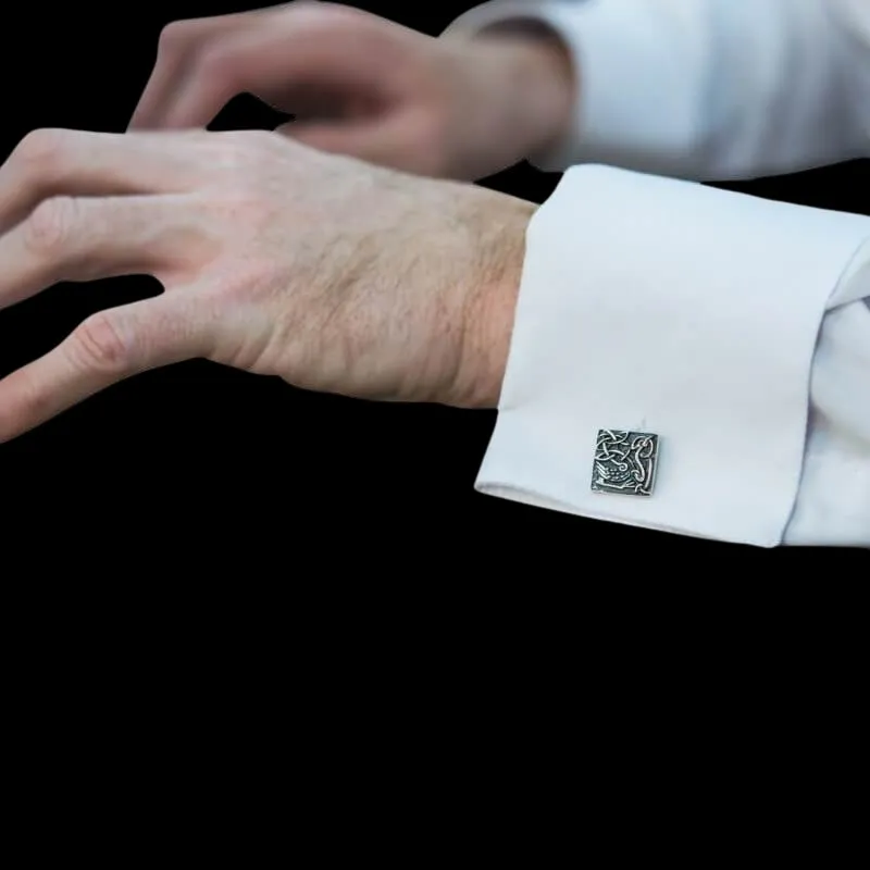 Handcrafted Unique Norse Ornament Square v4 Sterling Silver Cufflinks