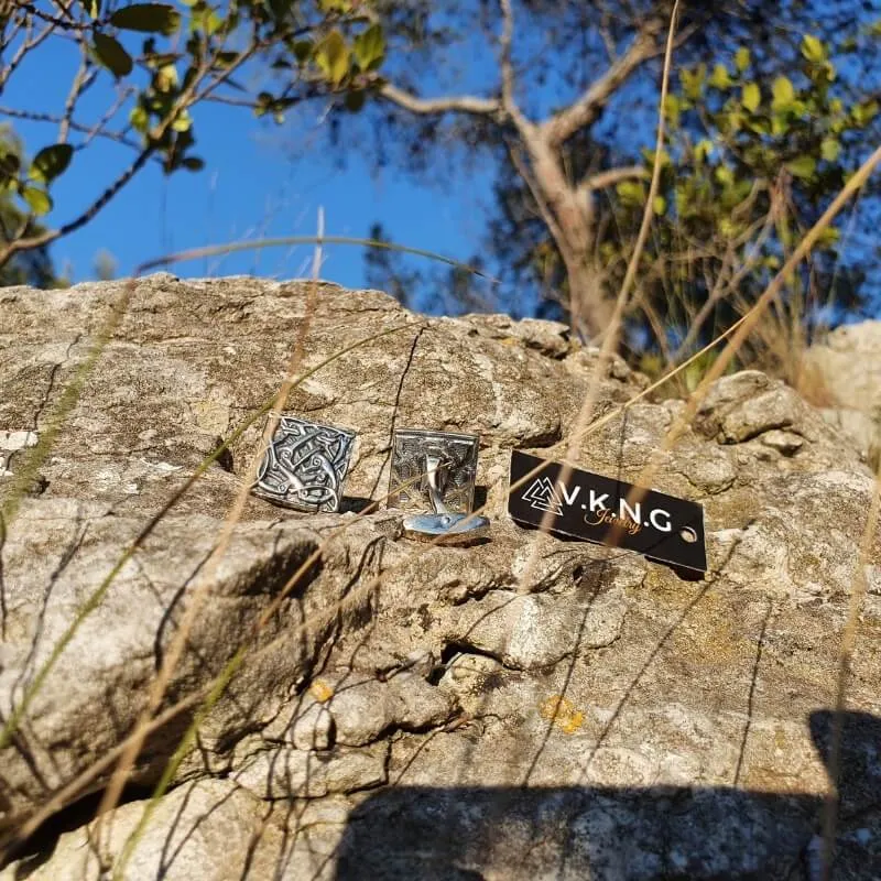Handcrafted Unique Norse Ornament Square v4 Sterling Silver Cufflinks