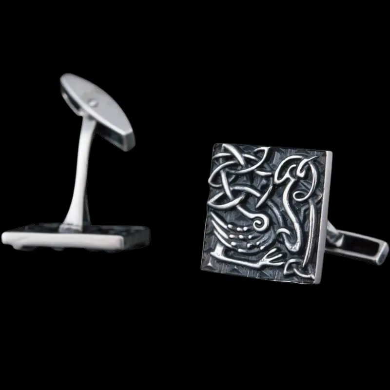 Handcrafted Unique Norse Ornament Square v4 Sterling Silver Cufflinks