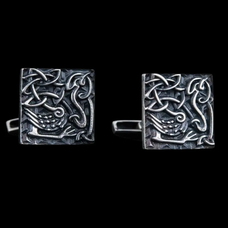 Handcrafted Unique Norse Ornament Square v4 Sterling Silver Cufflinks