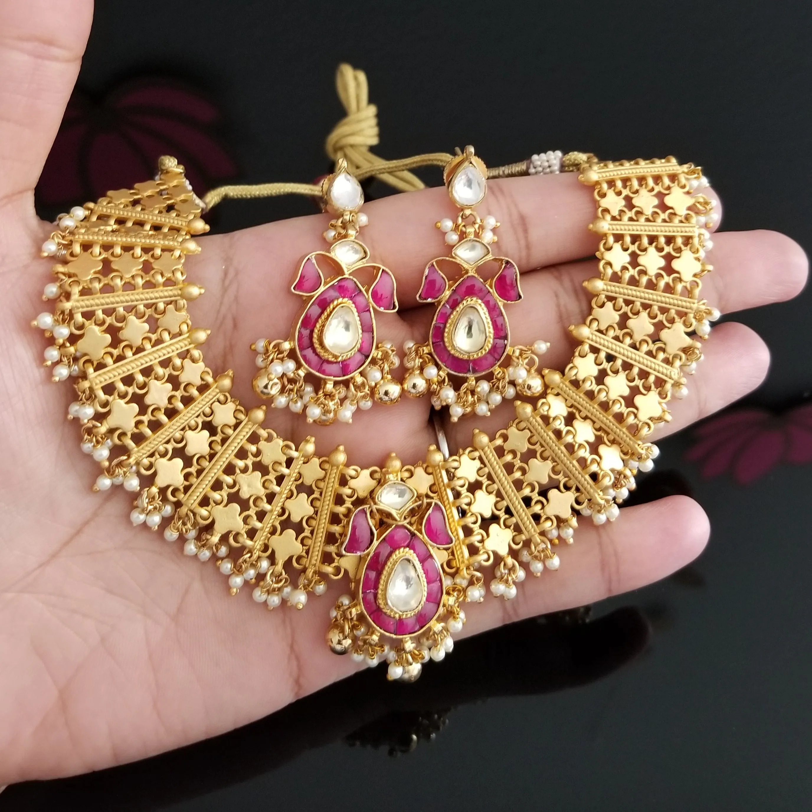 Hard Gold Plated Kundan Necklace Set 1725