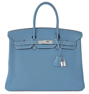Hermes Blue Jean 35cm Birkin Leather Palladium Tote Satchel Chic and Sporty