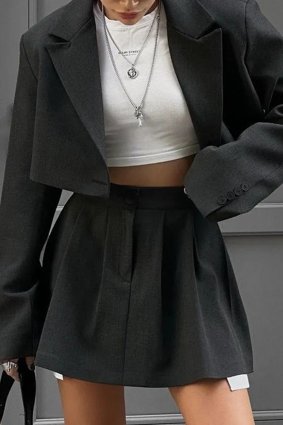 High Waist Short Skirt Long Sleeve Top Two-piece Suit