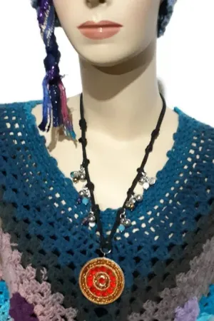 Hippie red pendant knotted beaded necklace, The red pendant necklace, handmade