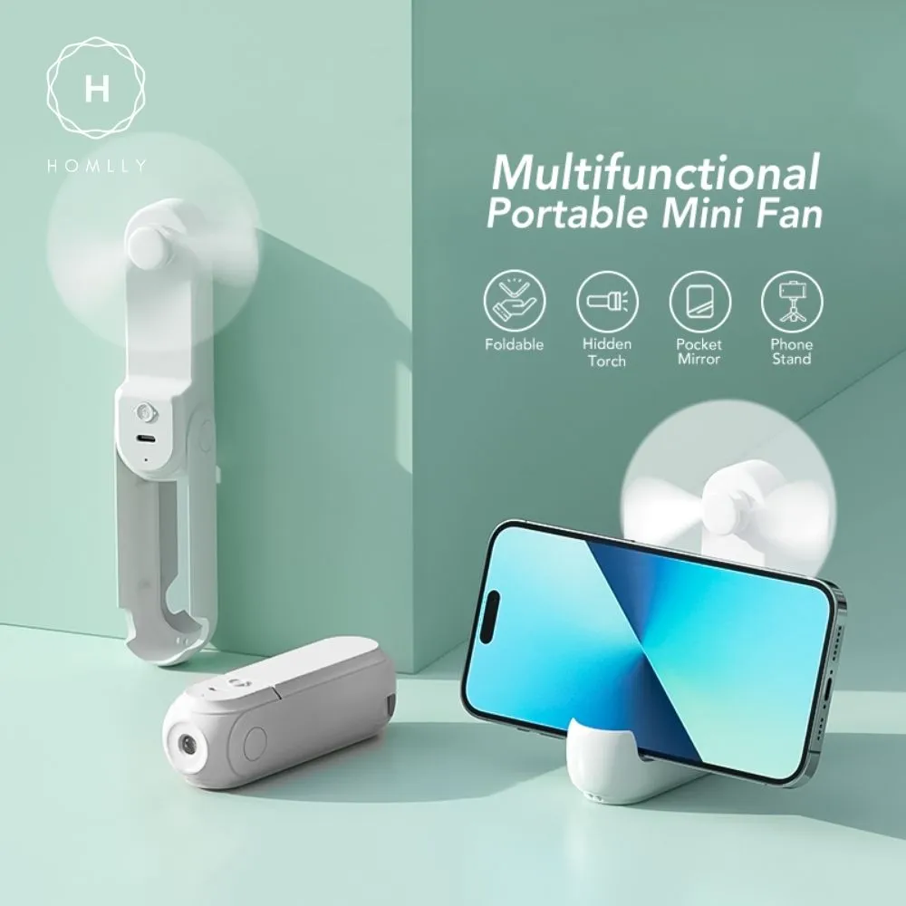 Homlly 5 in 1 Portable Handheld Pocket Fan with Power Bank, Flash Light, Mirror & Mobile Phone Holder