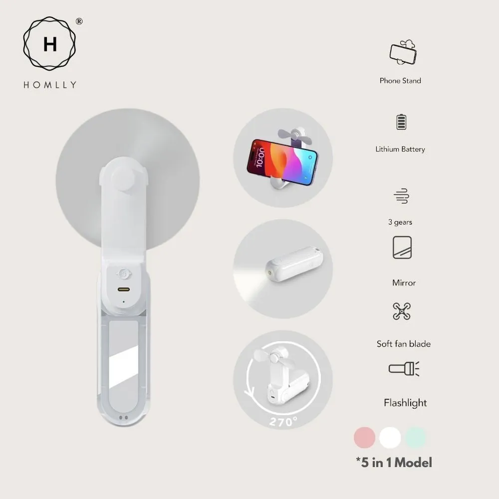 Homlly 5 in 1 Portable Handheld Pocket Fan with Power Bank, Flash Light, Mirror & Mobile Phone Holder