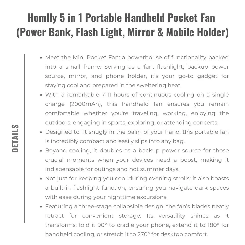 Homlly 5 in 1 Portable Handheld Pocket Fan with Power Bank, Flash Light, Mirror & Mobile Phone Holder