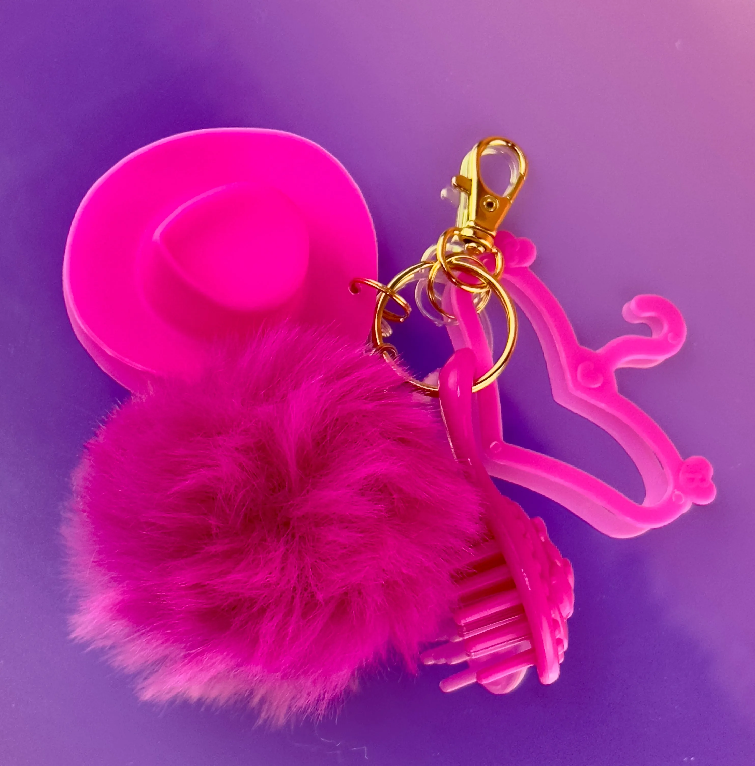 HOT PINK Doll Keychain Charm | Puff   Cowboy Hat   Doll Brush   Doll Hanger