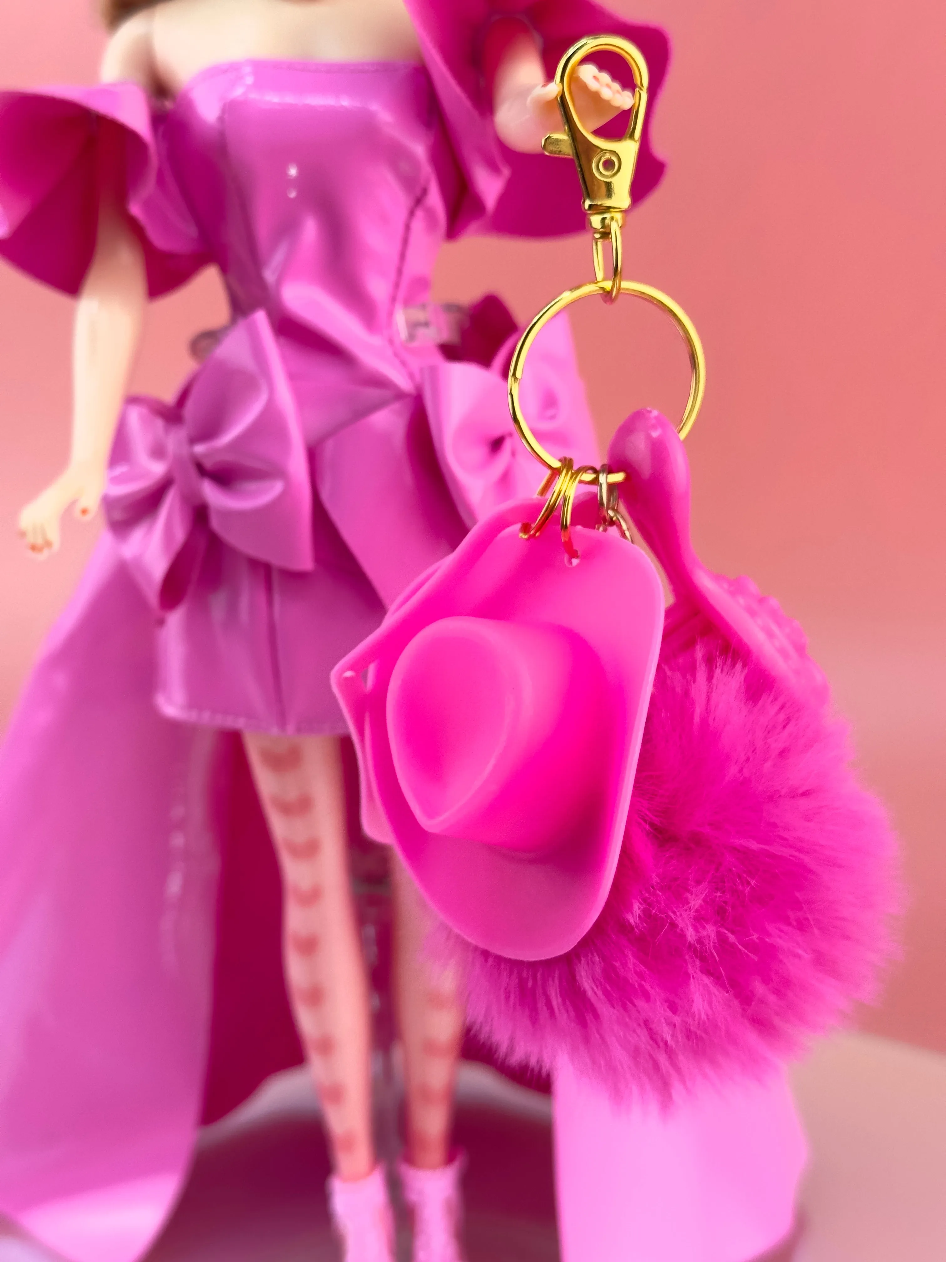 HOT PINK Doll Keychain Charm | Puff   Cowboy Hat   Doll Brush   Doll Hanger