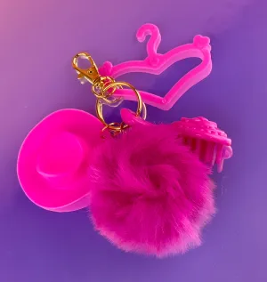 HOT PINK Doll Keychain Charm | Puff   Cowboy Hat   Doll Brush   Doll Hanger