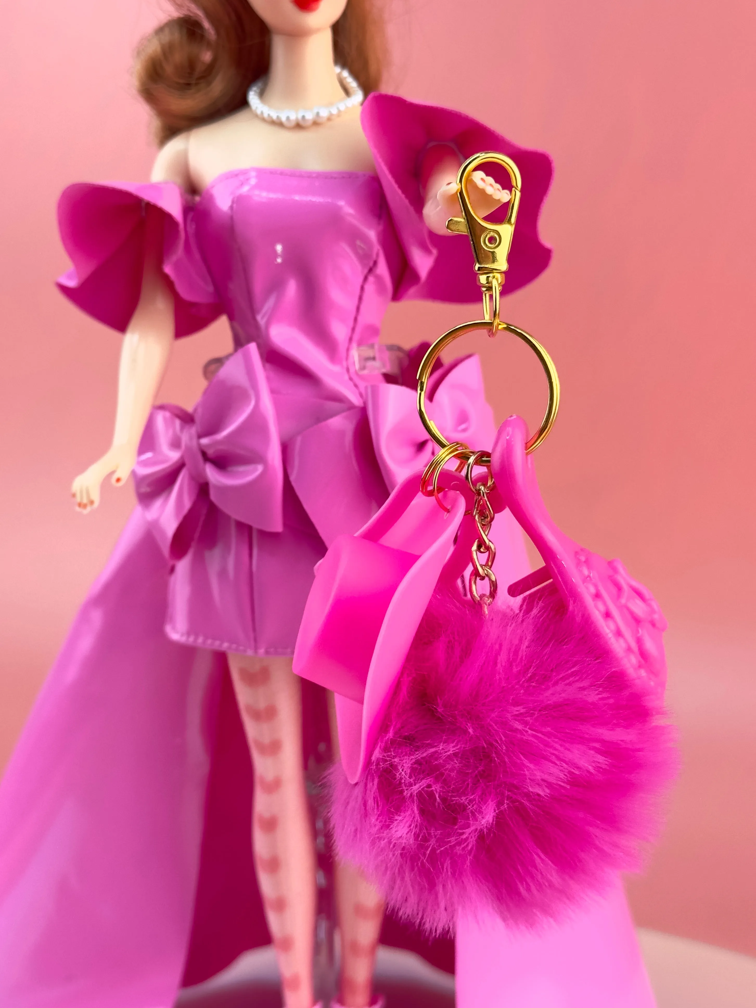 HOT PINK Doll Keychain Charm | Puff   Cowboy Hat   Doll Brush   Doll Hanger
