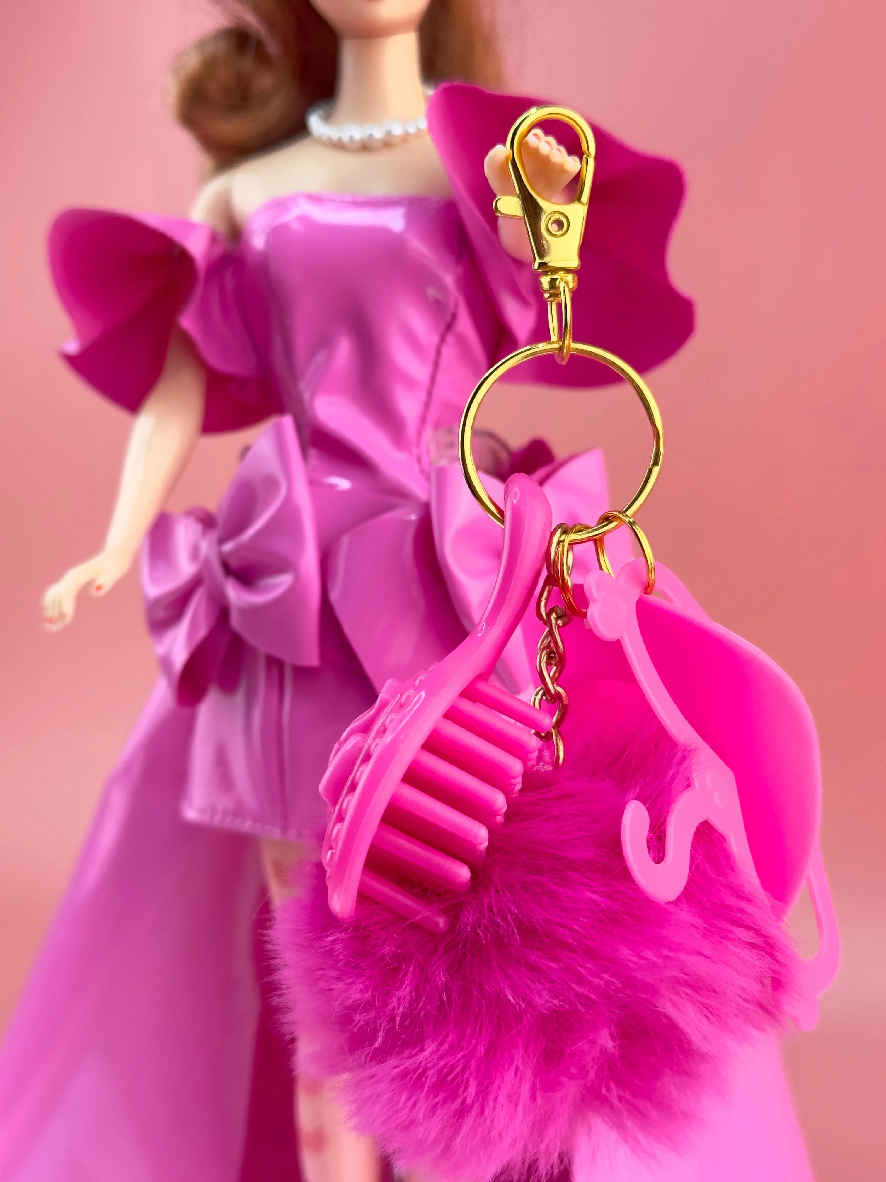 HOT PINK Doll Keychain Charm | Puff   Cowboy Hat   Doll Brush   Doll Hanger