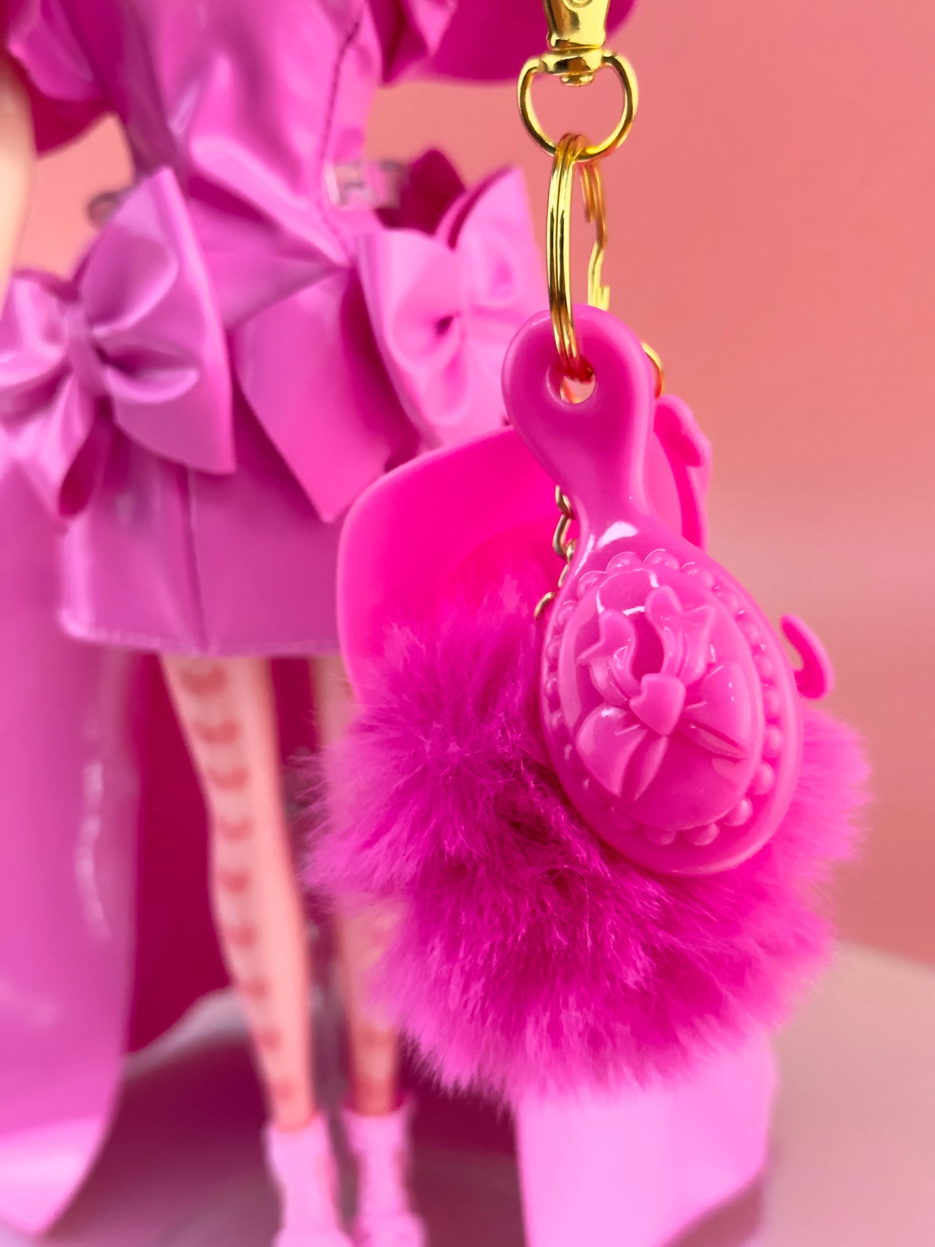HOT PINK Doll Keychain Charm | Puff   Cowboy Hat   Doll Brush   Doll Hanger