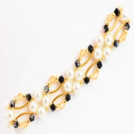 Jet Black and Gold Crystal and Pearl Hex Block Link Bracelet