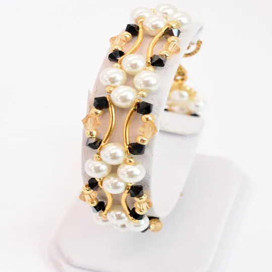 Jet Black and Gold Crystal and Pearl Hex Block Link Bracelet