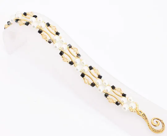 Jet Black and Gold Crystal and Pearl Hex Block Link Bracelet