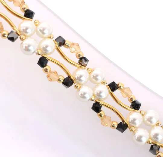 Jet Black and Gold Crystal and Pearl Hex Block Link Bracelet