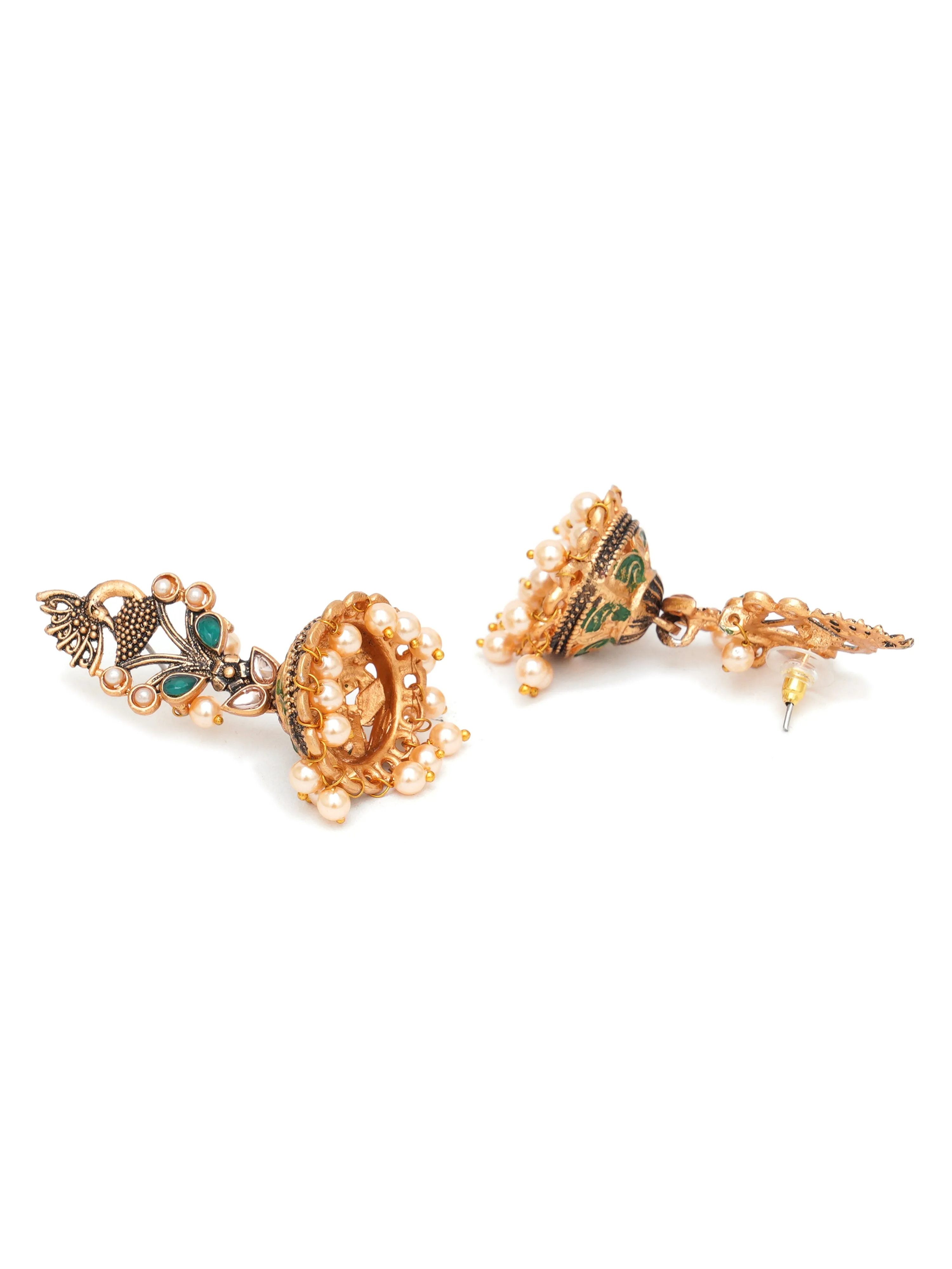 Karatcart Gold Plated Green Stone Studded Peacock Shape Jhumki Earrings for Women