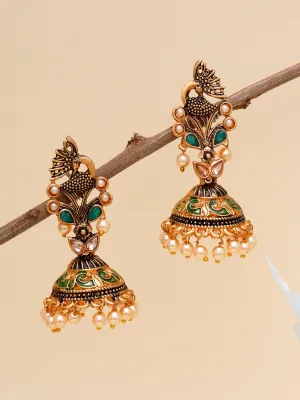 Karatcart Gold Plated Green Stone Studded Peacock Shape Jhumki Earrings for Women