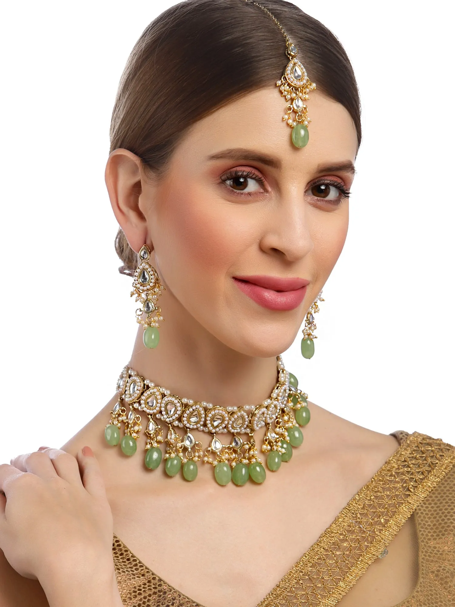 Karatcart Gold Plated Light Green Tumble Choker Necklace Set