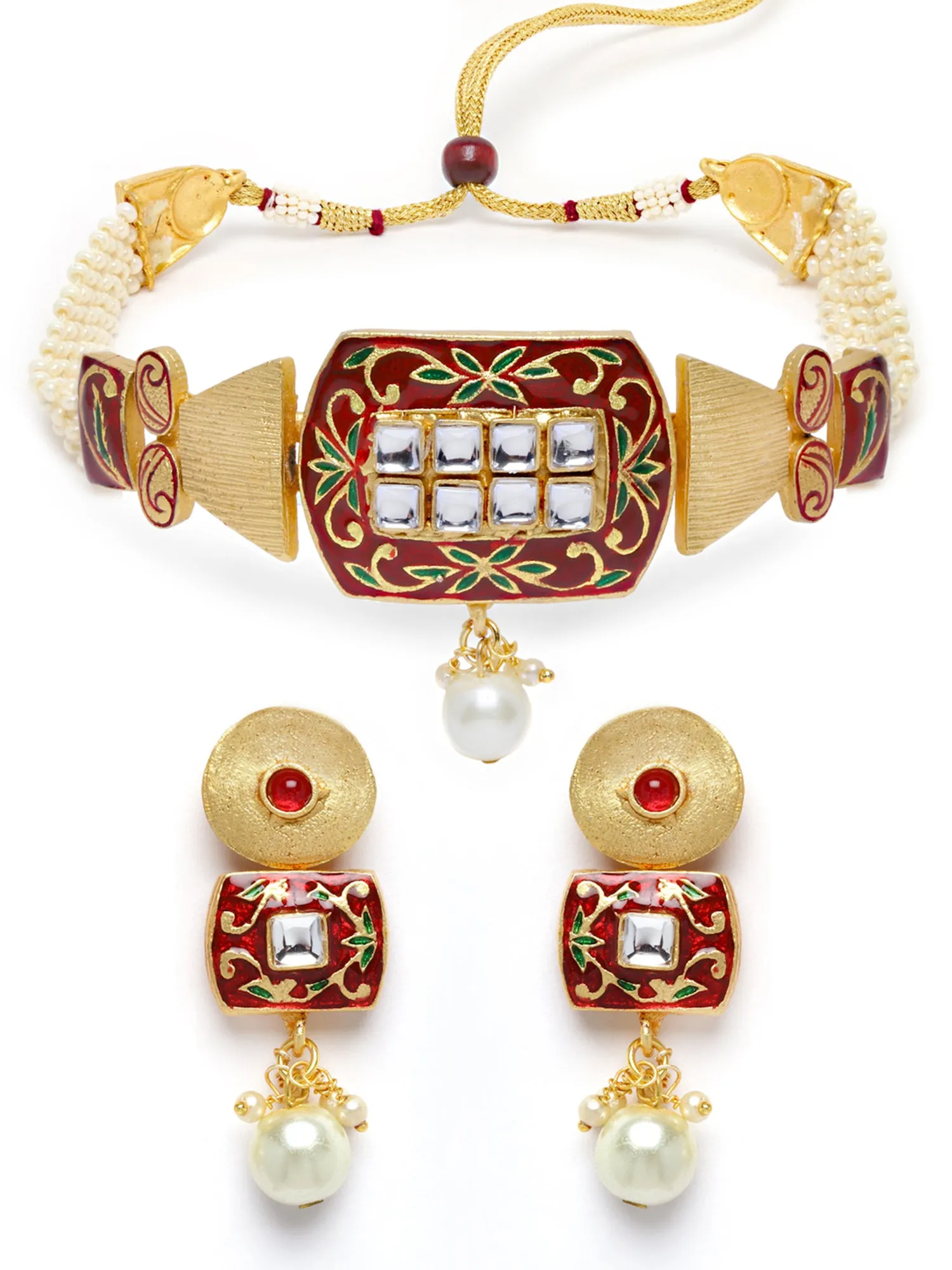 Karatcart Red Meena Pearl Beaded Choker Necklace Set